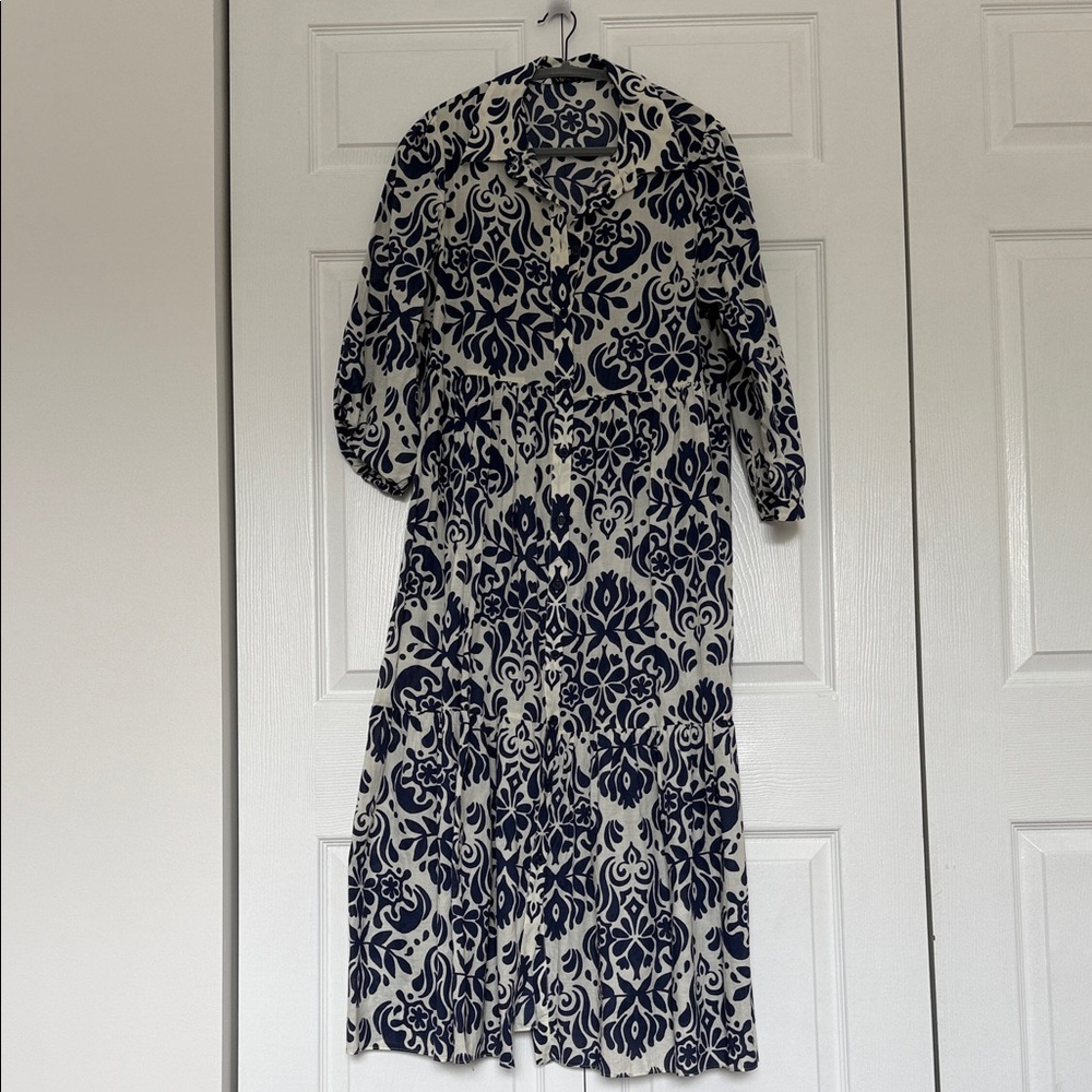 Zara Navy and White Long Sleeve Printed Midi Dress